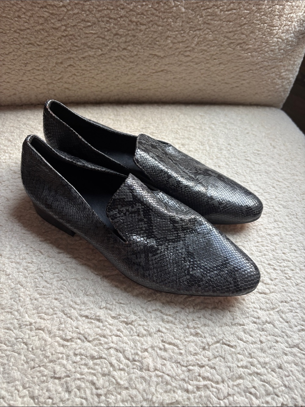 Vince, Women’s Black Snake-Print Slip-On Loafers, NWT